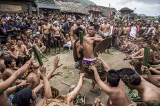 All out: Tengananese men fight each other in the middle of a crowd during Mekarekare (Pandanus Battle) in Tenganan Pegringsingan village in Karangasem, Bali. JP/Agung Parameswara