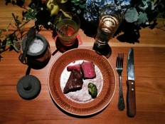 Stockyard gold wagyu  bone-in tomahawk rib steak and coriander-rubbed Hampshire lamb T-bone are served at a special event for meat connoisseurs in Jakarta.