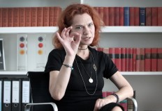 Exiled Turkish writer and human rights activist Asli Erdogan answers AFP journalists' questions during an interview on July 23, 2018 in Frankfurt am Main, western Germany. 