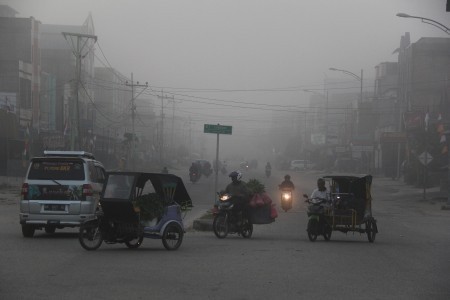 Image result for HAZE IN INDONESIA    THICK SMOG FROM FOREST FIRES BLANKET ROADS, VILLAGES