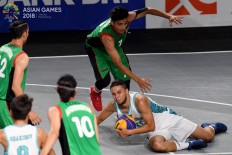 Afghanistan basketball player Mir Abdul Wahab Mirzad (right) tries to keep the ball away from Kazakhstan’s Vassily Belozor during the men’s 3x3 competition at the Basketball Hall of the GBK in Senayan, Central Jakarta, on Wednesday, August. 22. Inasgoc via Antara/ Wendra Ajistyatama