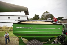 Farmers cover a grain cart containing soybeans during harvest in Wyanet, Illinois, the United States, on Sept. 18. 