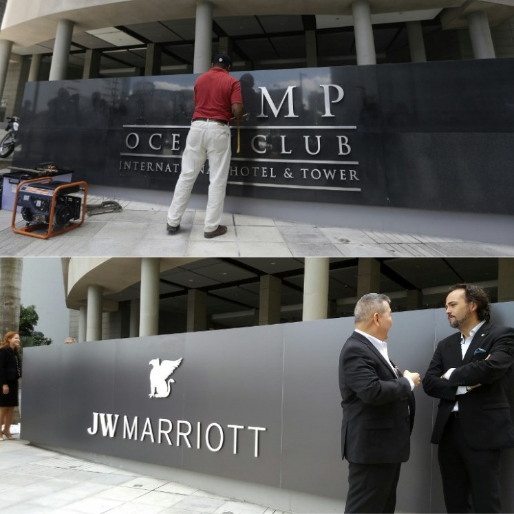 (Top) File photo taken on March 5, 2018 shows a worker removing the Trump sign letters from outside the hotel in Panama City and (bottom) a
view of the newly inaugurated Marriott Hotel sign, after the US hotel chain took over the ex Trump tower in Panama City mired for months in a legal spat with the Trump Organization, on September 25, 2018.