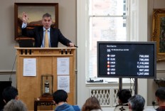 The auctioneer raises his gavel as a 60-year old The Macallan Valerio Adami 1926 sold for a record amount at Bonhams in Edinburgh, Scotland, Britain, on October 3, 2018. 