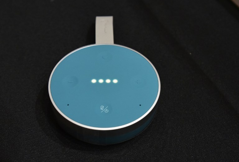 The Mobvoi TicHome Mini Google assistant enabled smart speaker is seen at the ShowStoppers exhibition on the sidelines of CES 2018 in Las Vegas on January 9, 2018. The bluetooth speaker is splashproof and has a built-in battery. 