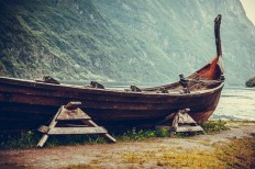 Old wooden viking boat displayed at Sognefjord, Norway. 
