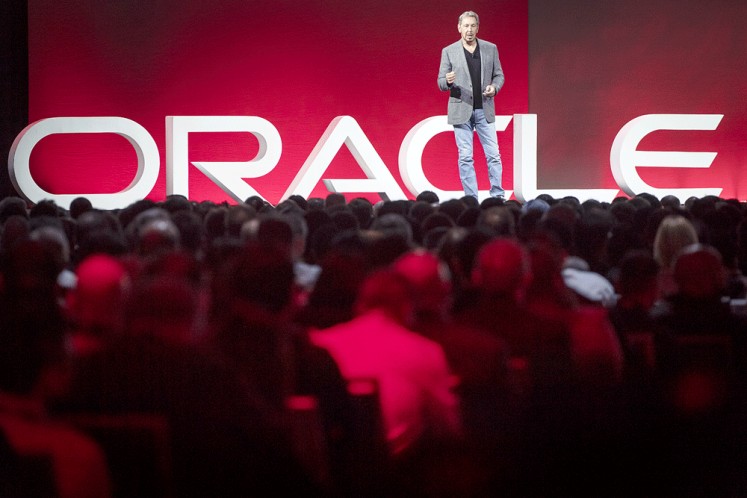 Larry Ellison, cofounder and executive chairman of Oracle Corp., speaks during the 2018 Oracle OpenWorld conference in San Francisco, California, United States, on Monday. Ellison announced a series of updates injecting more automation and intelligence into Oracle’s cloud applications. 