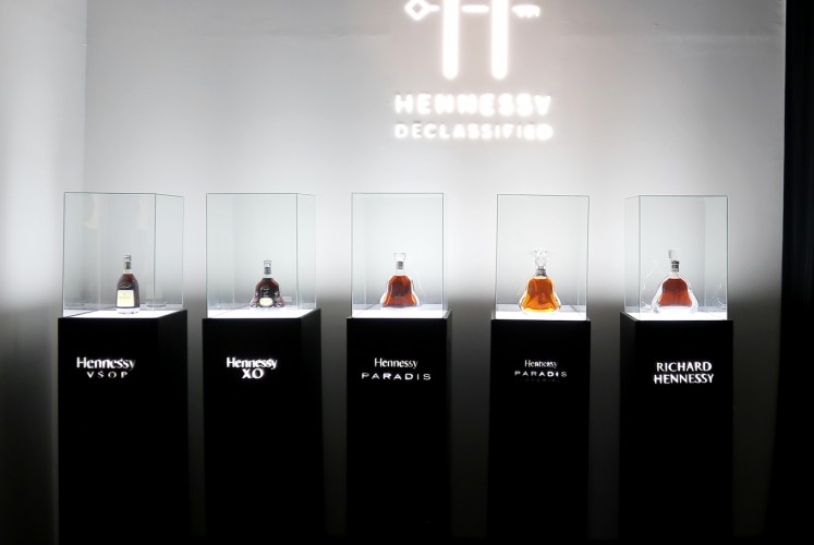 Five Hennessy cognacs that are displayed at Hennessy Declassified exhibition on Tuesday, October 20, 2018 at Pacific Place Mall, South Jakarta.  