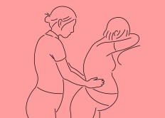 Illustration of a doula helping a woman give birth