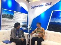 President Director Mr. FU Junhui of Beihang UAS interviewed at Beihang Indo Aerospace booth.