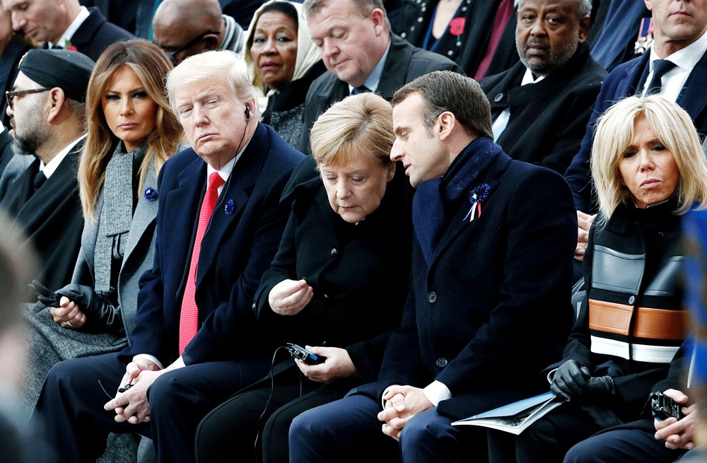 Lest we forget: Moroccan King Mohammed VI (left), United States First Lady Melania Trump (from left to right), US President Donald Trump, German Chancellor Angela Merkel, French President Emmanuel Macron and his wife, Brigitte Macron, attend a ceremony at the Arc de Triomphe in Paris on Sunday as part of the commemorations marking the 100th anniversary of the Nov.11, 1918, armistice, which ended World War I.