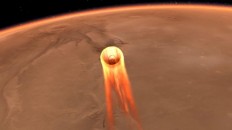 This artist's impression obtained from NASA shows InSight's entry, descent and landing at Mars. NASA is counting down to a nail-biting touchdown on Nov. 26, 2018, of the $993 million Mars InSight, the first spacecraft to listen for quakes and study the inner workings of another rocky planet.