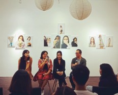 Jakarta Intercultural School (JIS) students (from left) Riandara Pratama, Dewi Sofia Laurente and Joyce Tan take part in a discussion mediated by curator Amir Sidharta.