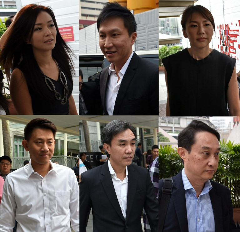 This combo picture of six City Harvest Church (CHC) leaders, the founder Kong Hee (top C), Serina Wee, former finance manager (top L), Sharon Tan (top R), Tan Ye Peng (bottom L), John Lam (bottom C), and Chew Eng Han (bottom R) arrive at the district state courts in Singapore on October 21, 2015. Six religious leaders in Singapore who lavished $36 million on a failed bid to turn the pastor's glamorous wife into a global pop star were convicted October 21 of misusing church funds.