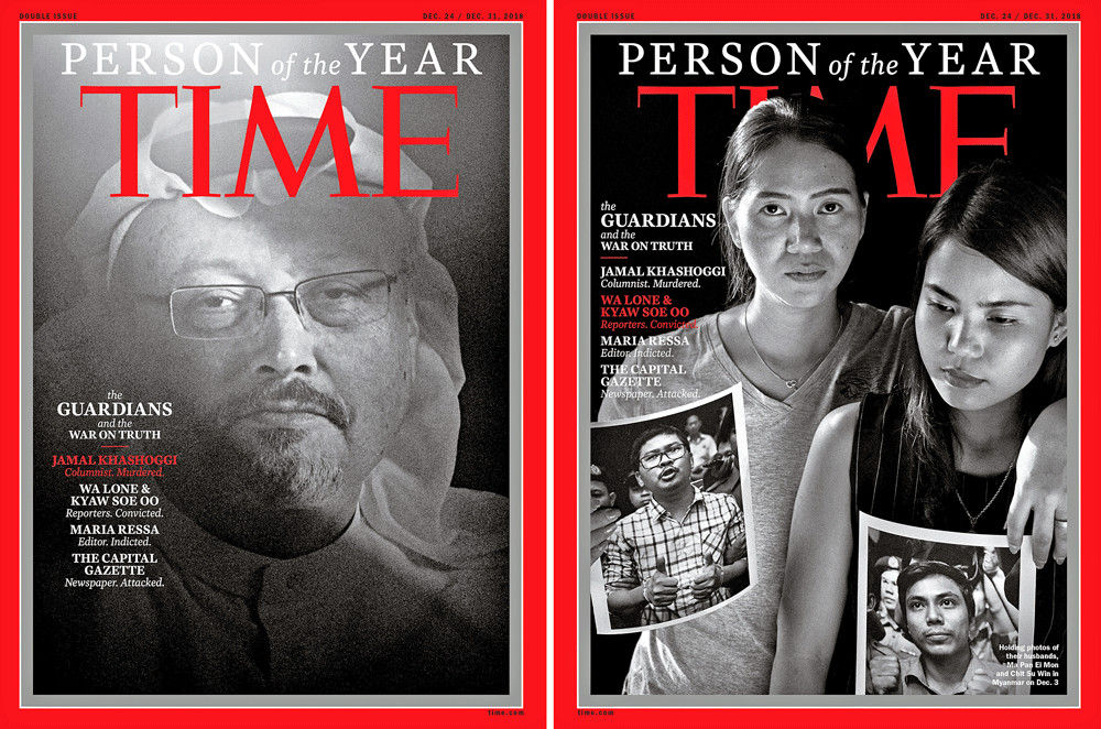 Newsmakers: Saudi journalist Jamal Khashoggi (left) and Ma Pan Ei Mon and Chit Su Win holding photos of their husbands, Reuters journalists Wa Lone and Kyaw Soe Oo, named as part of TIME magazine’s Person of the Year 2018, are seen in this combination image of the magazine’s covers released in New York, the United States, on Tuesday.  The magazine also named Maria Ressa, a Filipina journalist, and the staff of the Capital Gazette newspaper in its Person of the Year feature.