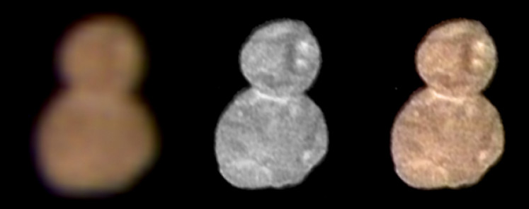 This handout image released January 2, 2019 by NASA, the first color image of Ultima Thule, taken at a distance of 85,000 miles (137,000 kilometers) at 4:08 Universal Time on January 1, 2019, highlights its reddish surface. At left is an enhanced color image taken by the Multispectral Visible Imaging Camera (MVIC), produced by combining the near infrared, red and blue channels. The center image taken by the Long-Range Reconnaissance Imager (LORRI) has a higher spatial resolution than MVIC by approximately a factor of five. At right, the color has been overlaid onto the LORRI image to show the color uniformity of the Ultima and Thule lobes. Note the reduced red coloring at the neck of the object.