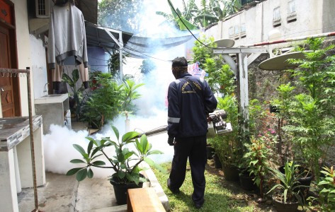 An official from Lebak Bulus health clinic fogs inside a house yard on Jl. Gunung Balong 1, South Jakarta, on Jan. 13 as part of efforts to prevent dengue fever. 