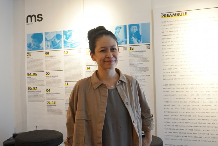 Melissa Sunjaya after the press conference for her solo exhibition 'Serigraphy' on Friday, February 8, 2019 at Artotel Thamrin in Central Jakarta. 
