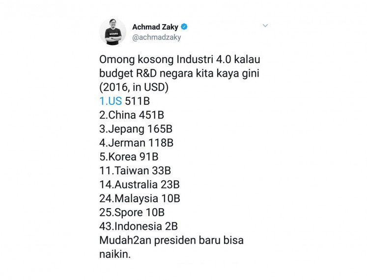 The founder and CEO of online marketplace behemoth Bukalapak, Achmad Zaky, apologized to supporters of President Joko “Jokowi” Widodo on Thursday for his tweet implying it would be best if a new president was elected in April.