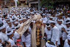 A Balinese man unconsciously dances while wearing a sacred Rangda (golden-haired and fanged figures usually representing the goddess Durgha, known as Shiva's wife) during Ngerebong. JP/Agung Parameswara