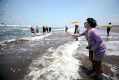 Devotion: Pakubuwono XII’s daughter GKR Koes Indriyah throws flower petals into the sea at Parang Kusumo Beach. JP/Boy T Harjanto