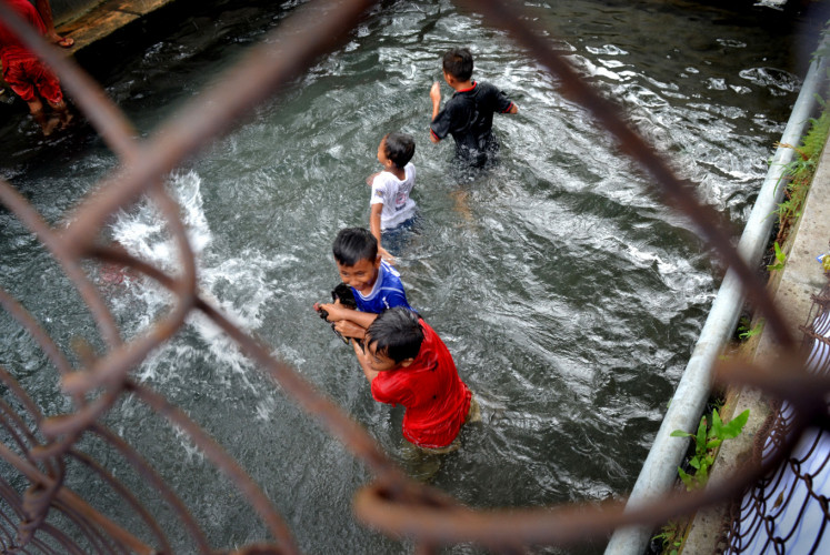 Children attempt to catch the offerings, including chicken and duck, in the water. 