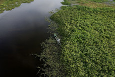 A local resident fishes on a boat in Lake Limboto on March 27. Lake Limboto has suffered encroachment by invasive water hyacinths. Lake Limboto is among 15 critical lakes listed by the government. 