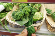 No plastic: Eggplants, water spinach, asparagus and many other fresh vegetables at a supermarket in Ubud, Bali, are wrapped in banana leaves and bamboo ties.
