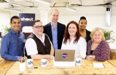 Britain’s Prince William meets Mathew Kollamkulam, Michael Kitching, Jo Irwin, Amanda Brown-Bennet, and Carol Keith, who are crisis volunteers working with Shout, a free text messaging service which aims to provide 24/7 support for anyone experiencing mental health crisis, in London, Britain, in this undated handout photo released May 9, 2019. 