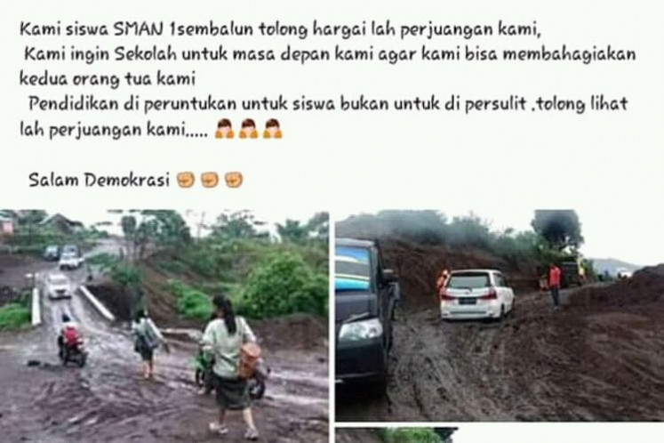 A screen capture of Aldi's post on Facebook, showing photos of his fellow students who have to walk on muddy roads after landslides hit Sembalun, West Nusa Tenggara.