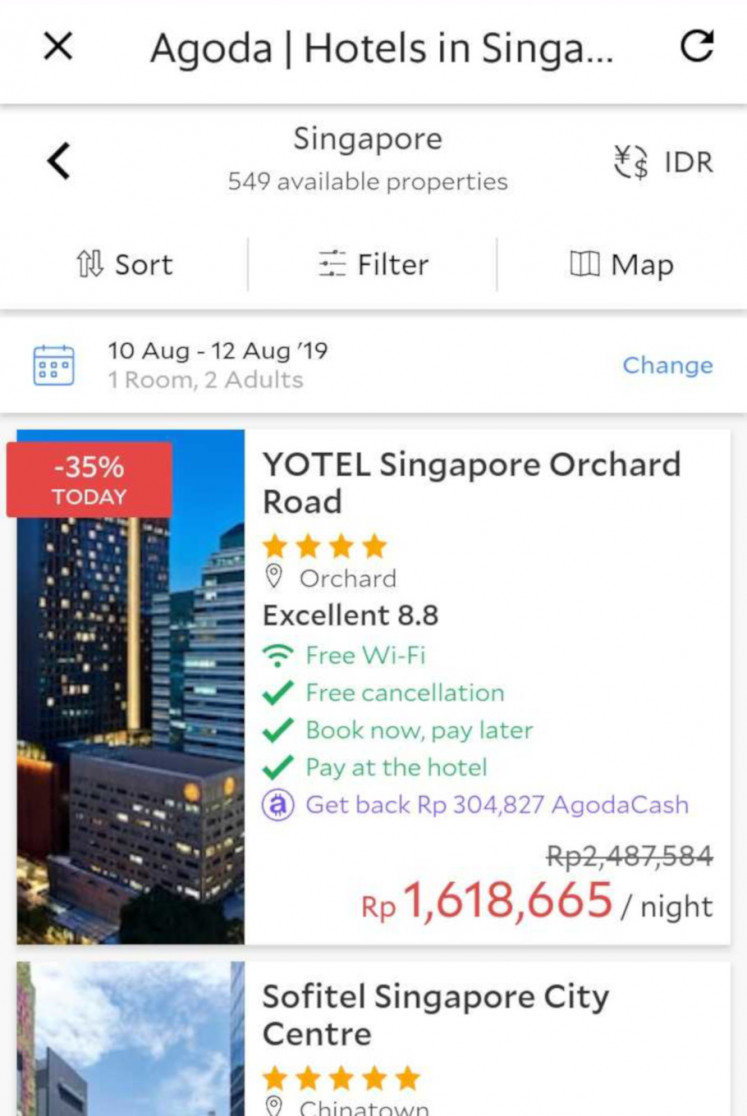 Grab's hotel-booking feature is based on search results from Agoda and Booking.com. Users can set preferences for price and currency and sort the hotels by location. 