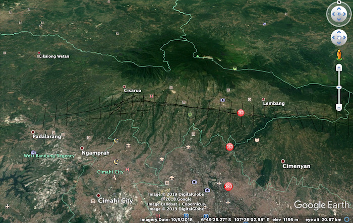 A screen capture of Lembang fault on Google Earth provided by scientist Mudrik R. Daryono.