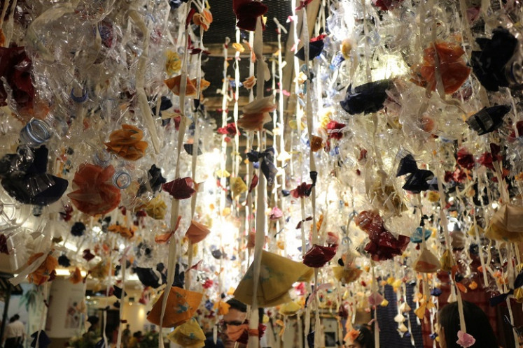 Decorative: The exhibition features plastic bottles used as decoration, which will be packed up and recycled after the exhibition.