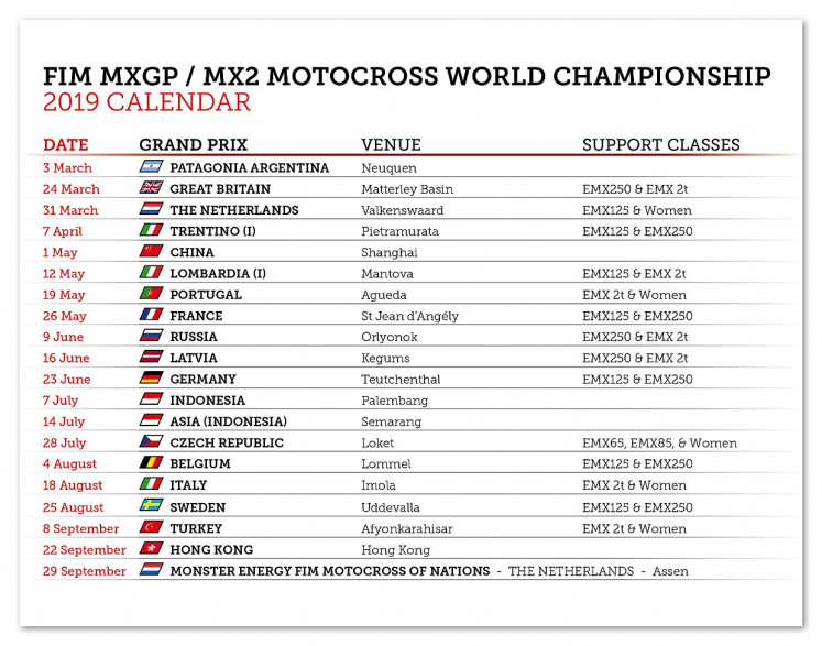FIM MXGP motocross world championship 2019 calendar.
