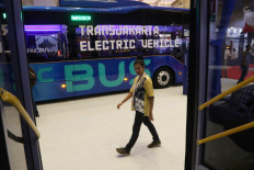 An electric bus produced for Transjakarta is displayed during the 8th Busworld South East Asia Exhibition Bus in the Jakarta International Expo in Kemayoran, Central Jakarta, in March.