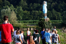 Life-size wooden sculpture of U.S. first lady Melania Trump is officially unveiled in Rozno, near her hometown of Sevnica, Slovenia, July 5, 2019