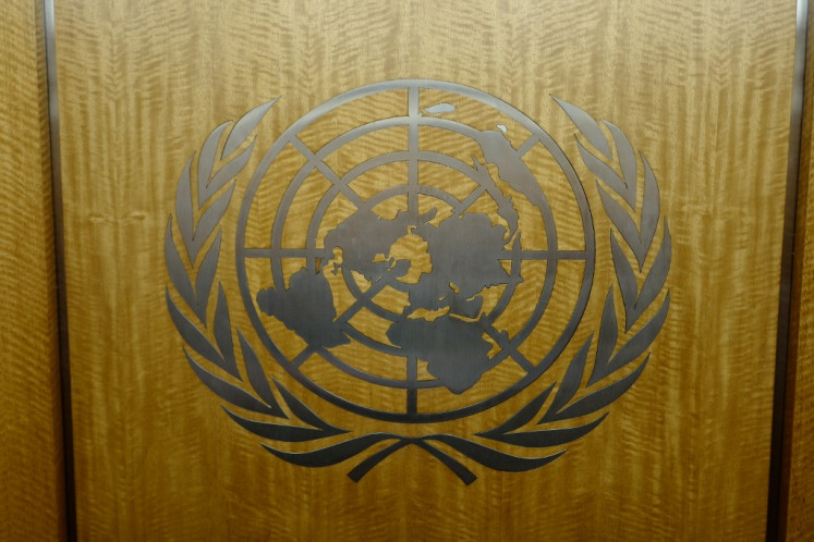 The United Nations logo is seen in the corridors of the United Nations headquarters in New York City on September 25, 2018 during the annual general assembly. 
Ludovic MARIN /
