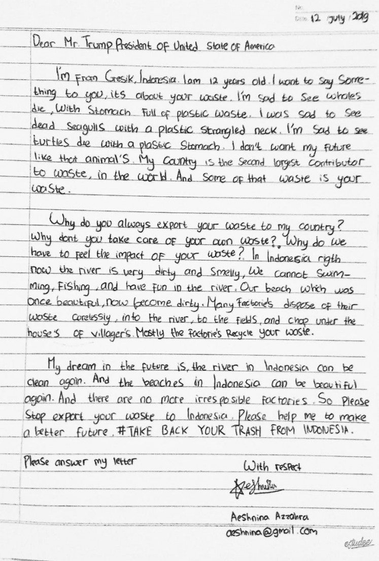 A letter from Aeshnina Azzahra, 12, from Gresik, East Java, to United States President Donald Trump, expressing her devastation about waste flooding her neighborhood.