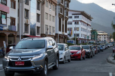 This photo taken on April 19, 2019 shows traffic backed up on a road in Bhutan's capital Thimphu. 