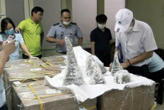 This picture from the Vietnam News Agency taken on July 25, 2019 and released on July 27, 2019 shows customs officials at Noi Bai International Airport removing smuggled rhino horn pieces from packaging in Hanoi. Fifty-five pieces of rhino horn were found encased in plaster casts at an airport in the Vietnamese capital, authorities said on July 28, as the country tries to crack down on sophisticated wildlife smuggling routes.