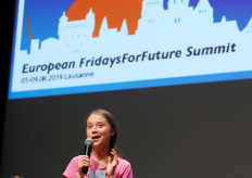 Swedish teenage climate activist Greta Thunberg attends a news conference during the SMILE meeting (Summer Meeting in Lausanne Europe), with other young climate strike activists from 37 European countries of the FridaysforFuture movement in Lausanne, Switzerland, on August 5, 2019. 