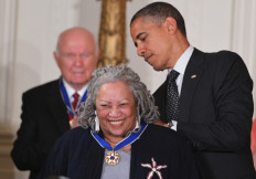 US President Barack Obama presents the Presidential Medal of Freedom to author Toni Morrison during a ceremony in the East Room of the White House in Washington, DC on May 29, 2012. 