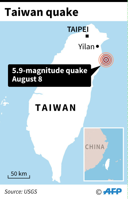 Map locating an area in Taiwan that was jolted by a 5.9-magnitude earthquake on Thursday, according to USGS data
