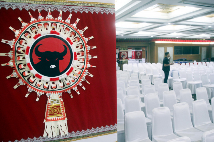 The logo of the Indonesian Democratic Party of Struggle (PDI-P) is pictured on a banner on Aug. 8, 2019, ahead of the opening ceremony for the fifth PDI-P congress in Sanur, Bali, which ran until Aug. 11.