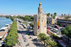 Spanish Navy sailors take part in the celebrations marking the 500th anniversary of Ferdinand Magellan's sea voyage around the globe in front of the Torre del Oro Maritime Museum of Seville, in this handout picture taken and released by the Spanish Navy on Aug. 10, 2019.