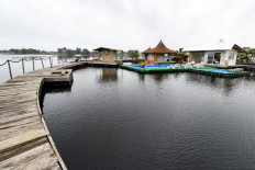 View of the resort on an artificial island made with around 700 000 recycled plastic waste collected in the surrounding area, on the Ebrie Lagoon in Abidjan, on August 6, 2019. 