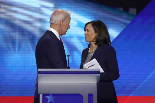 Democratic presidential candidates former Vice President Joe Biden and Sen. Kamala Harris (D-CA) speak after the Democratic Presidential Debate at Texas Southern University's Health and PE Center on September 12, 2019 in Houston, Texas. Ten Democratic presidential hopefuls were chosen from the larger field of candidates to participate in the debate hosted by ABC News in partnership with Univision. 