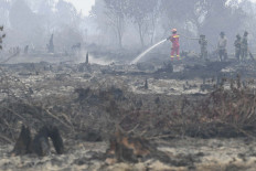 Local authorities work together to put out land and forest fires in Merbau village of Bunut district, Pelalawan regency, Riau, on Tuesday.