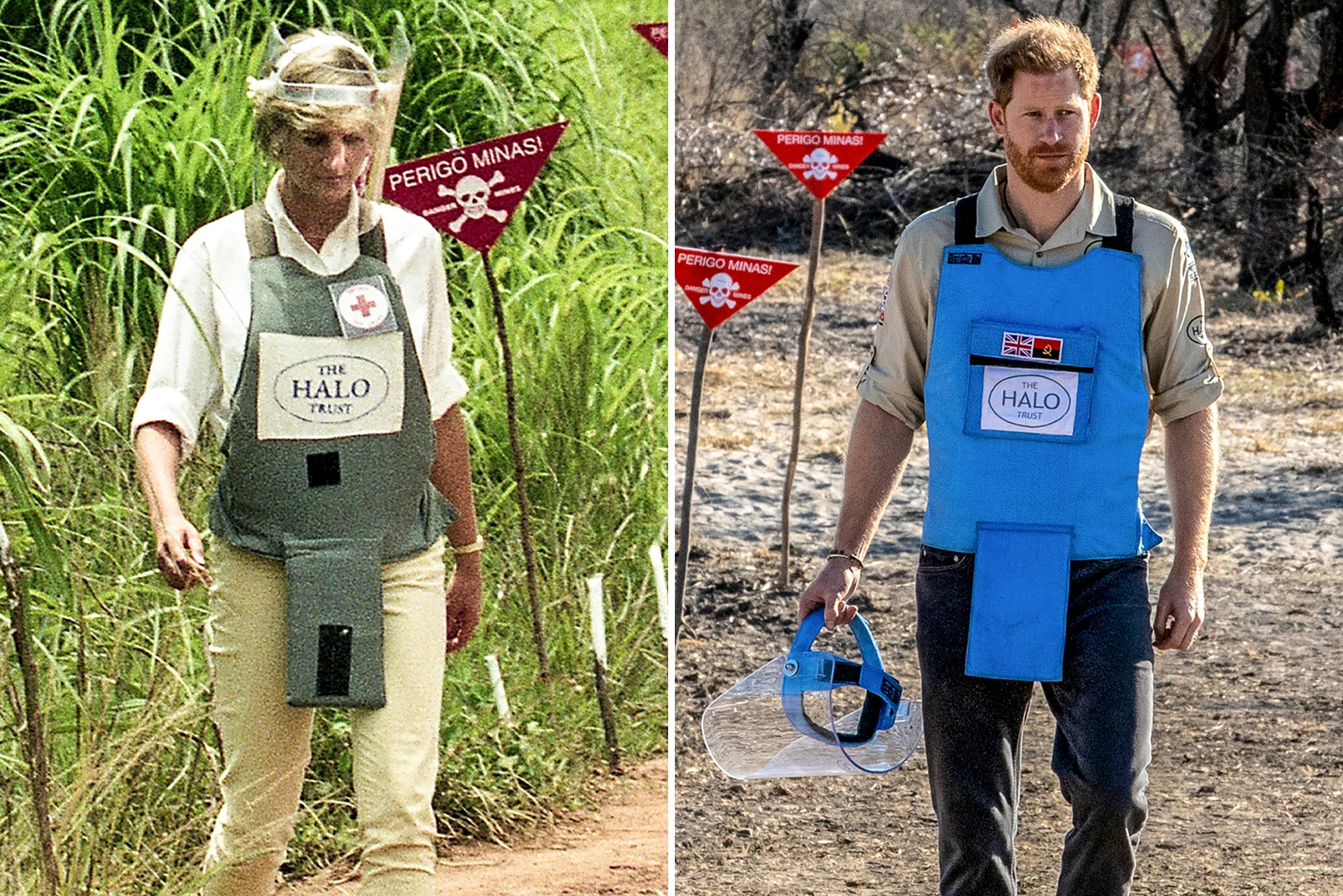 A combination of images shows handout photos made available by the HALO Trust of Prince Harry, Duke of Sussex (R), visiting the minefield in Dirico, Angola on September 27, 2019 and his late mother Diana, Princess of Wales, during her visit to a minefield in Angola on January 15, 1997. Britain's Prince Harry on September 27, 2019 walked through a cleared minefield in Angola, tracing his late mother's footsteps to draw attention to a country that remains plagued by land mines.
