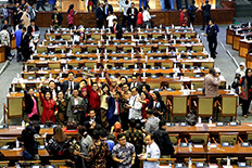 Members of the House of Representatives  for the 2014-2019 period pose for photos after their final plenary session on Monday, Sept. 30, 2019. Newly-elected lawmakers for 2019-2024 term will be inaugurated on Tuesday, Oct. 1, 2019. 